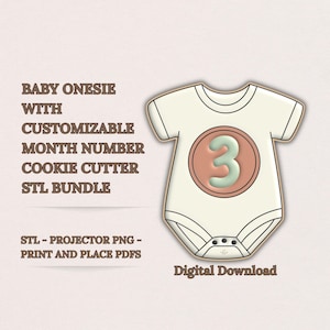 Baby Onesie, Romper, Baby Shower Cookie Cutter STL Bundle - 8 Sizes - Includes Projector PNG & Practice Sheets, Print and Place