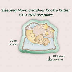 Sleeping Moon and Bear Cookie Cutter STL | Baby Shower Cookie Cutter | Royal Icing Projector PNG | Dreamy Night Cookie Design