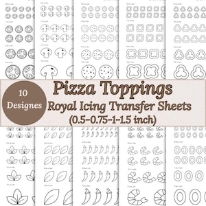 Pizza Toppings Royal Icing Transfer Sheets Bundle - 10 Designs, je 4 Größen - Druckbare Pizza Cookie Dekorationsvorlagen Digitaler Download