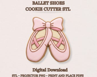 Balletschoenen Koekjesvorm STL | Tiny Dancer-balletpantoffels met strik | 8 maten | Stl + pdf op ware grootte + projector, png