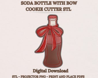 Cortador de galletas con forma de botella de refresco con lazo (archivo STL) - Botella de cola Coquette - Lista para usar en la ducha, proyector PNG, plantilla PDF, descarga digital