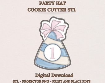 Birthday Party Hat Cookie Cutter STL, First Birthday Age Plaque, 8 Sizes, Projector PNG & Print‑and‑Place PDFs, Digital Download