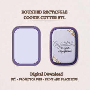 May include: Two cookie cutter designs. One is a rounded rectangle with a purple border and a white interior. The other is a cookie with a purple border, white interior, and the text "Congratulations on your engagement".