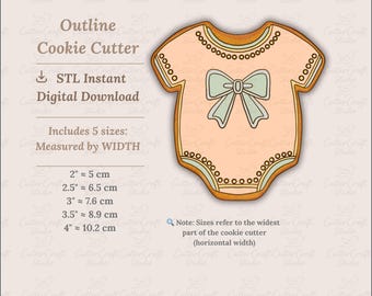 Cortador de galletas con forma de body de bebé y lazo (archivo STL) – Ideal para baby showers y revelación de género (5 tamaños + PNG/JPG incluidos, compatible con proyectores)