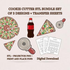 Pizza Party Cookie Cutter STL Bundle, Build a Full Pizza Set, Soda Bottle & Slicer, Projector PNG, Transfer Sheets, Digital Download