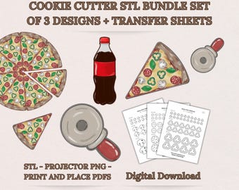 Paquete de cortadores de galletas para fiesta de pizza (archivo STL), juego completo para armar una pizza, botella de refresco y cortador, proyector PNG, hojas de transferencia, descarga digital.