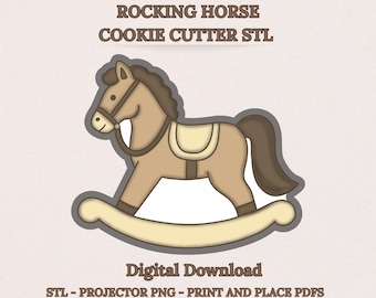 Archivos STL para cortador de galletas con forma de caballito mecedor, ideal para baby shower o decoración de guardería con temática del oeste. Plantilla PNG y PDF. 8 tamaños disponibles. Descarga digital.