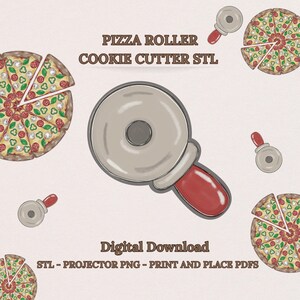 May include: An illustration featuring a pizza roller cookie cutter design. The image includes a large pizza cutter, smaller cutters, and pizza slices. Text reads "PIZZA ROLLER COOKIE CUTTER STL" and "Digital Download".