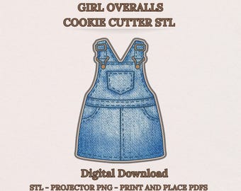 Baby Girl Overalls Cookie Cutter STL, Pinafore Dress, Projector PNG, PDF template, 8 sizes, Digital Download