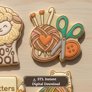 May include: A collection of decorated cookies with a crafting theme. One cookie features a ball of yarn with a heart, crochet hooks, and scissors. Another cookie shows a sheep. The image includes the text "STL Instant Digital Download".