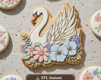 Cortador de galletas de cisne STL / Placa floral para galletas para bodas / Diseño para despedida de soltera con temática de ballet / Plantilla PNG para contorno de galletas / Proyector de glaseado real