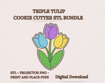 Triple Tulip Cookie Cutter STL Bundle, 8 Sizes, Projector PNG , PDF Templates, Spring Floral Digital Download