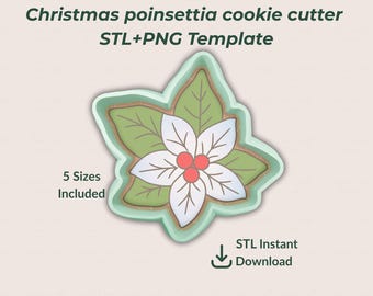 Cortador de galletas clásico de flor de Pascua STL: diseño floral navideño con plantilla PNG para decorar galletas navideñas.