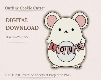Mouse with Love Banner Cookie Cutter STL Bundle for 3D Printing - Valentine’s Day Mouse - 8 Sizes - Includes Projector PNG & Practice Sheets