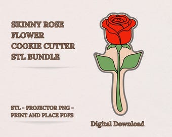 Paquete de cortadores de galletas de rosas delgadas de tallo largo (STL), 8 tamaños + PNG para proyector + PDF para imprimir y colocar, descarga digital
