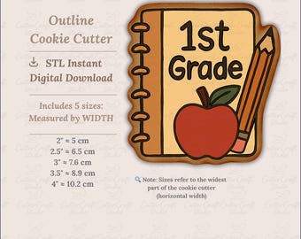 1st Grade Notebook Cookie Cutter STL - Apple & Pencil Back to School Plaque for Royal Icing,  Projector Use (5 Sizes,  PNG + JPG Included)