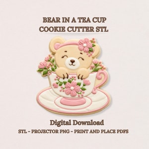Bär in einer Teetasse-Ausstechform STL | Floral Teddy Bär Baby Shower Cookie + Projektor PNG Digital Download