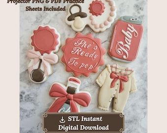 Set de cortadores de galletas listos para usar (6 diseños) / Paquete de baby shower de cola retro / Glaseado real PNG + Plantillas, descarga digital