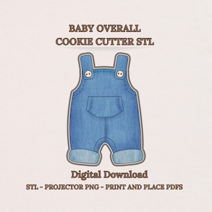 May include: A blue denim baby overall cookie cutter design. The image includes the text "BABY OVERALL COOKIE CUTTER STL" and "Digital Download". The design features a pocket and button details.