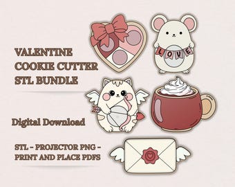 Valentine-koekjesvorm STL-bundel 8 maten | Kawaii liefdesmuis kat mok letterset | Projector PNG en pdf afdrukken en plaatsen Digitale download