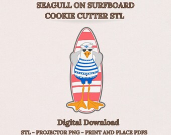 Cortador de galletas con forma de gaviota sobre tabla de surf (archivo STL), recuerdo para fiesta playera de verano con temática náutica, PNG para proyector, plantillas PDF, descarga digital.