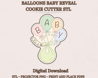 Cortador de galletas con ramo de globos sorpresa para bebé (STL), revelación de género neutro (niño o niña) para baby shower, proyector PNG, plantillas PDF, descarga digital.