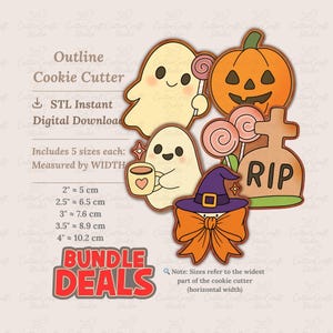 May include: A collection of Halloween-themed cookie cutters, including ghosts, a pumpkin, a tombstone, and a witch. The cutters come in five sizes, ranging from 2 inches (5 cm) to 4 inches (10.2 cm) wide. The image also includes the text "BUNDLE DEALS".