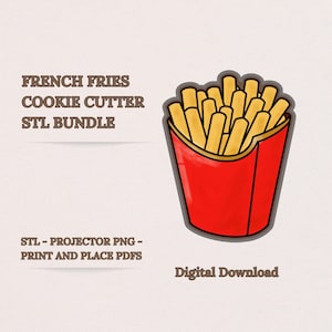 May include: A digital illustration of a red paper container filled with golden-yellow French fries. The image includes the text "FRENCH FRIES COOKIE CUTTER STL BUNDLE" and "Digital Download."