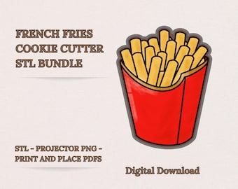 Cortador de galletas de papas fritas STL / 8 tamaños, plantilla PDF imprimible / Proyector PNG, Comida rápida, Papas fritas antes de la fiesta de chicos, Descarga digital
