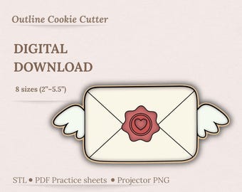 Love Letter Envelope with Wings Cookie Cutter STL Bundle - Valentine’s Day Mail - 8 Sizes - Includes Projector PNG & Practice Sheets
