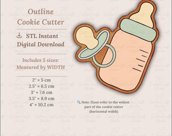 Baby Bottle & Pacifier Cookie Cutter Outline STL: Baby Shower Treats (5 Sizes + PNG/JPG) Projector + Royal Icing Friendly