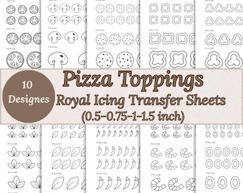 Pizza Toppings Royal Icing Transfer Sheets Bundle – 10 Designs, 4 Sizes Each – Printable Pizza Cookie Decorating Templates Digital Download
