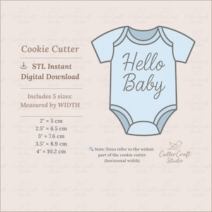 Hello Baby Bodysuit Outline Cookie Cutter: 3D Printable STL File (Digital Download, 5 Sizes, PNG+JPG Incl.) Projector & Royal Icing Friendly