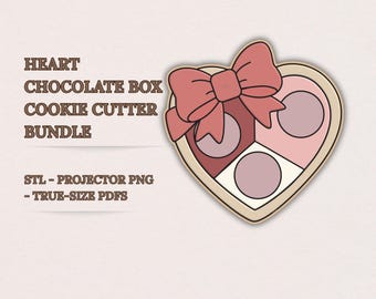 Heart Chocolate Box Cookie Cutter STL Bundle - 8 Sizes 2–5.5" - Projector PNG & True‑Size Royal Icing PDF Templates