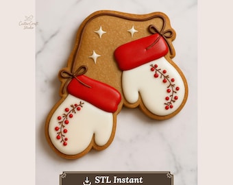 Cortador de galletas de mitones STL / Cortador de galletas de guantes navideños / Proyector de glaseado real Plantilla PNG incluida / Diseño acogedor de galletas de invierno