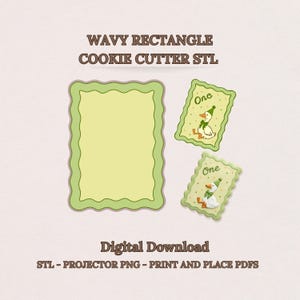 Puede incluir: Imagen de descarga digital que presenta un cortador de galletas rectangular ondulado y dos cortadores de galletas más pequeños con un diseño de pato y la palabra "One". La imagen tiene una combinación de colores verde claro y amarillo.