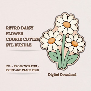 以下が含まれることがあります： レトロなデイジーフラワーのクッキーカッターデザインのデジタルダウンロードグラフィック。画像には、白い花びら、オレンジ色の中心、緑の茎と葉を持つ3つのデイジーが表示されています。テキストには「Retro Daisy Flower Cookie Cutter STL Bundle」と「Digital Download」が含まれています。