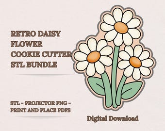 Paquete de cortadores de galletas STL con diseño de ramo de margaritas retro, diseño de 3 flores para primavera y Pascua, proyector PNG + PDF de práctica, 8 tamaños, descarga digital