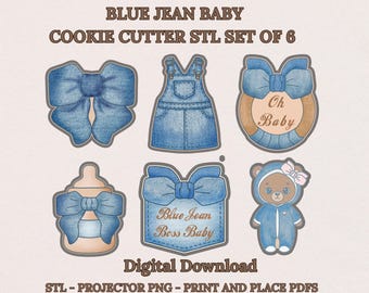 Denim Baby Shower Cookie Cutter STL Set of 6, Bow, Pinafore Dress, Teether, Baby Bottle, Jean Pocket, Bear, Projector PNG, Digital Download