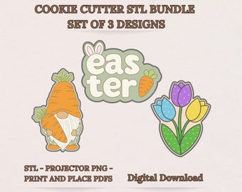 Juego de cortadores de galletas con forma de gnomo de zanahoria y tres tulipanes (placa de Pascua) - Plantillas PNG y PDF para proyector, descarga digital