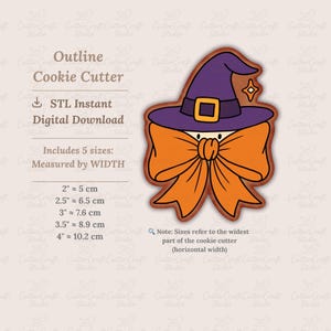 May include: Outline cookie cutter in the shape of a witch with a purple hat, orange bow, and a star. The digital download includes 5 sizes, measured by width: 2" (5 cm), 2.5" (6.5 cm), 3" (7.6 cm), 3.5" (8.9 cm), and 4" (10.2 cm).