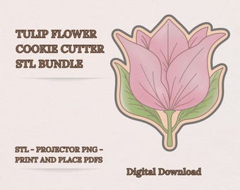 Paquete de cortadores de galletas de tulipán en formato STL, flor de primavera (8 tamaños), PNG para proyector, PDF para imprimir y colocar, descarga digital