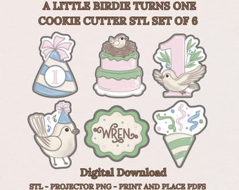Juego de 6 cortadores de galletas STL de Wren Birdie para el primer cumpleaños: gorro de fiesta, confeti, pastel con nido de pájaro, número uno, pájaro con sombrero, descarga digital.