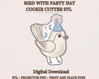 Bird with Party Hat Cookie Cutter STL - Nesting Baby Shower & Birdie Party Animal, 8 Sizes, Projector PNG, PDF Templates, Digital Download