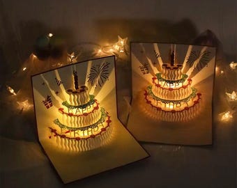 Tarjeta de cumpleaños 3D desplegable con forma de pastel (con música y luz)