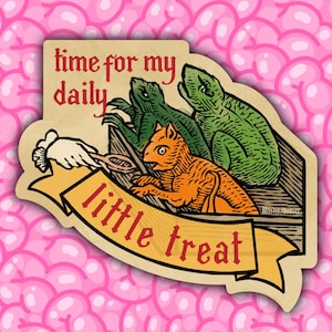 May include: A whimsical sticker featuring a cartoon scene with a squirrel and two green lizards. The squirrel, in orange, is reaching for a treat. The text reads "time for my daily little treat" in a vintage style. The background is a pink pattern.