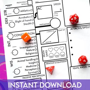 Proste, nowoczesne karty postaci D&D 5e // do wypełnienia formularza // przyjazne dla osób z ADHD // TYLKO DO POBRANIA CYFROWEGO // do wydrukowania //