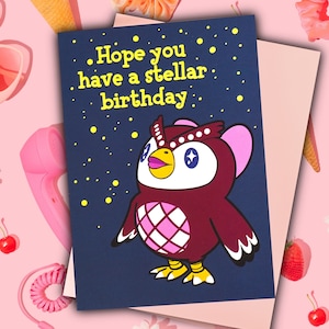 Carte d'anniversaire Celeste The Owl Animal Crossing // série ACNH // 5 x 7"
