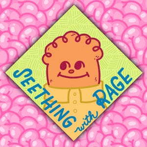 May include: A cartoon illustration shows an orange character with curly hair and a yellow shirt, set against a light green diamond. The words "SEETHING with RAGE" are written in blue. The background is a pattern of pink brain shapes.