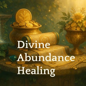 Peut inclure: Une nature morte avec un bol doré débordant de pièces d'or, un rouleau enroulé avec un motif de feuille dorée et un vase doré contenant des pièces d'or et un tournesol. Le texte "Divine Abundance Healing" est écrit en lettres dorées sur un livre.